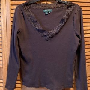Lauren Ralph Lauren Chocolate Brown Ribbed Lace Trim Top